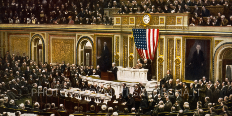 La dichiarazione di guerra degli Stati Uniti alla Germani, il 2 aprile 1917. L'annuncio del Presidente Woodrow Wilson davanti al Congresso. Foto:  Library of Congress Catalog.