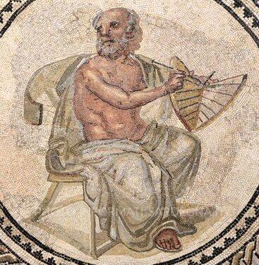 Mosaico romano del III secolo d.C., proveniente da Treviri, raffigurante il filosofo greco Anassimandro mentre tiene in mano una meridiana