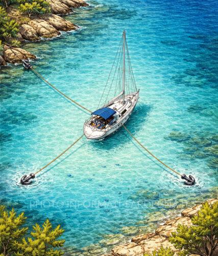 Ancoraggio con ancora e cima a terra