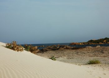 Capo Comino (Siniscola), il tratto di costa roccioso lascia spazio alle dune e all'arenile nel versante nord.