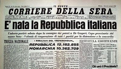 Prima pagina del Corriere della Sera del 6 giugno 1946. 