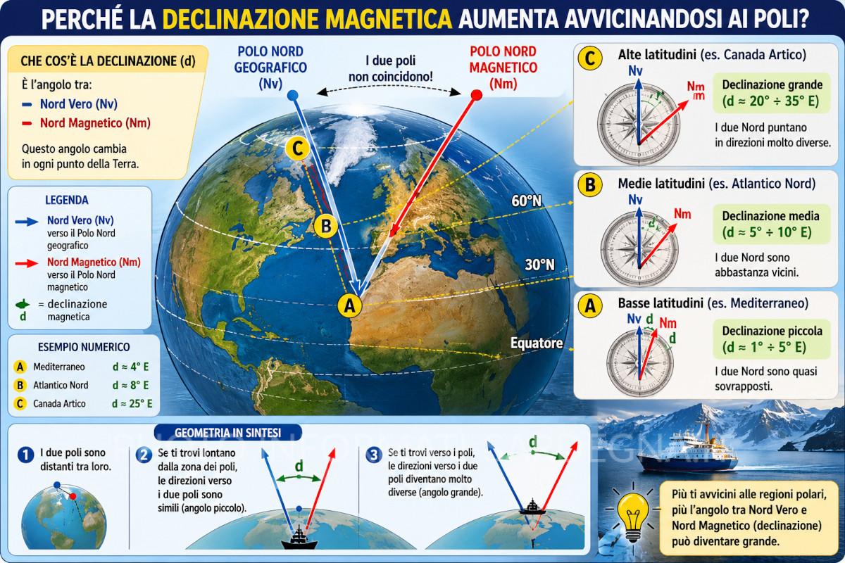 Perché la declinazione magnetica aumenta vicino ai poli