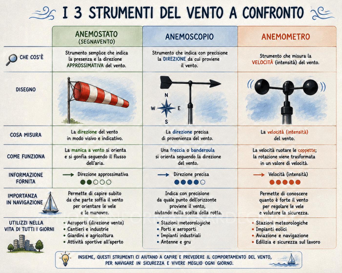 Strumenti per l'osservazione del vento. Comportamenti del vento. Meteo nautico venti e nebbie.