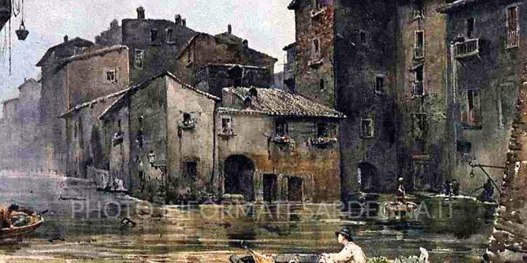 Via della Fiumara a Roma, allagata dal Tevere, prima della costruzione dei muraglioni. Foto: Ettore Roesler Franz