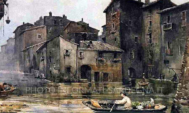 Via della Fiumara a Roma, allagata dal Tevere, prima della costruzione dei muraglioni. Foto: Ettore Roesler Franz